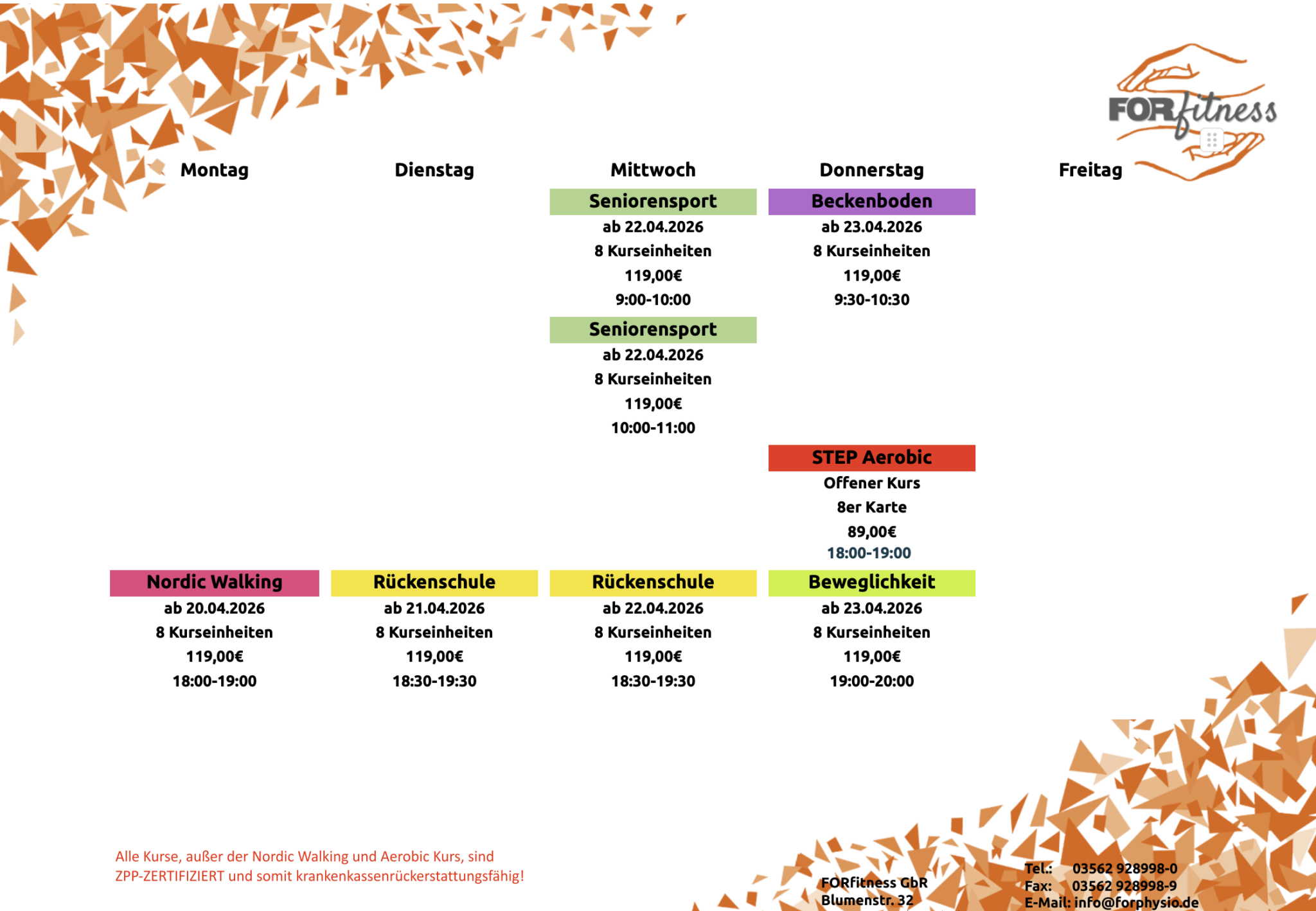 Kurse FORfitness 2026 ab April mit Seniorensport, Beckenbodentraining, STEP-Aerobic, Beweglichkeit, R&uuml;ckenschule und Nordic Walking